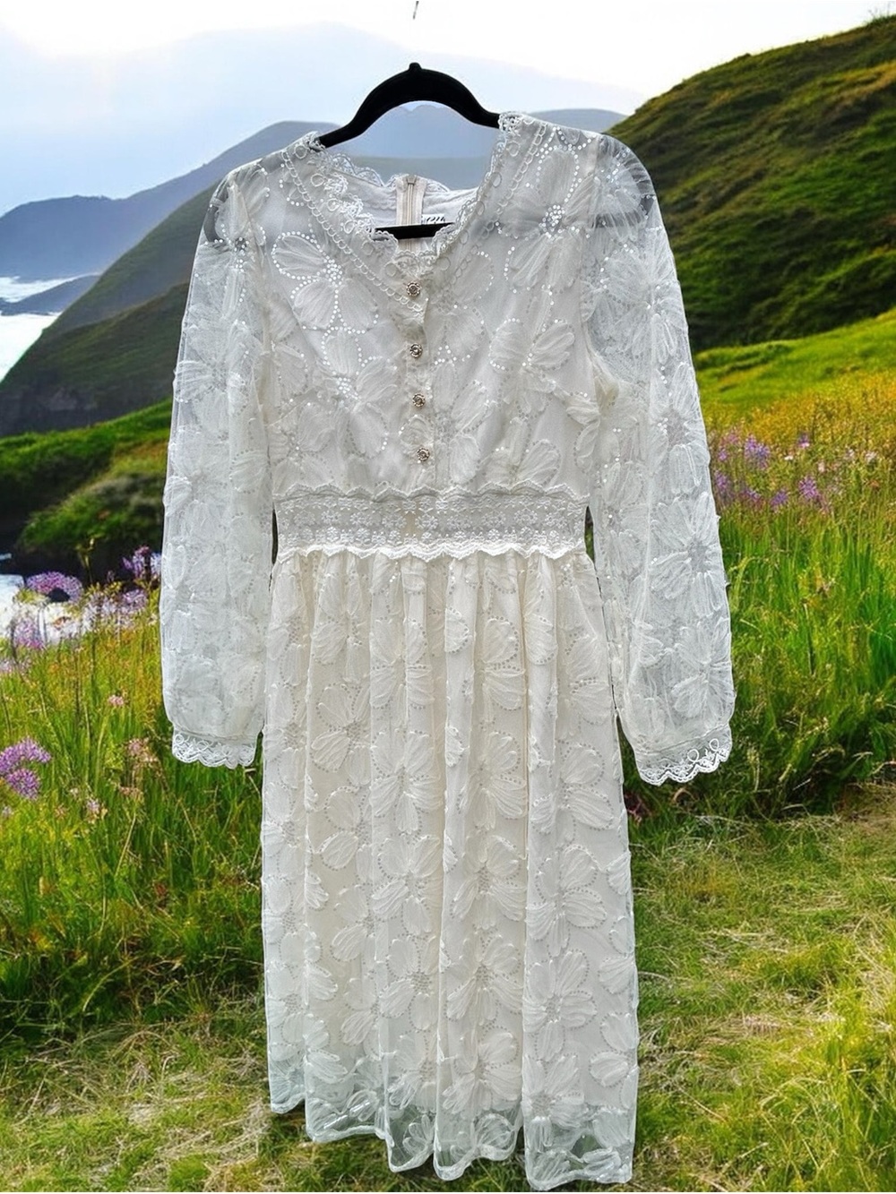 Kids XXL Ivory Lace Sequin Long Sleeve Dress.
